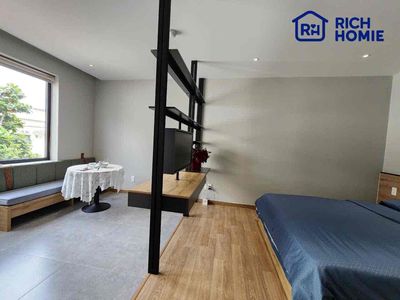 The studio is a super-smooth, cool bedroom - full interior.