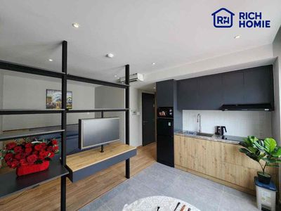 The studio is a super-smooth, cool bedroom - full interior.