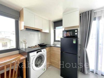 The apartment has a full interior at the center-of-the-art corner.