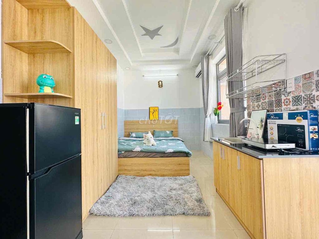 A studio with a balcony and a large window