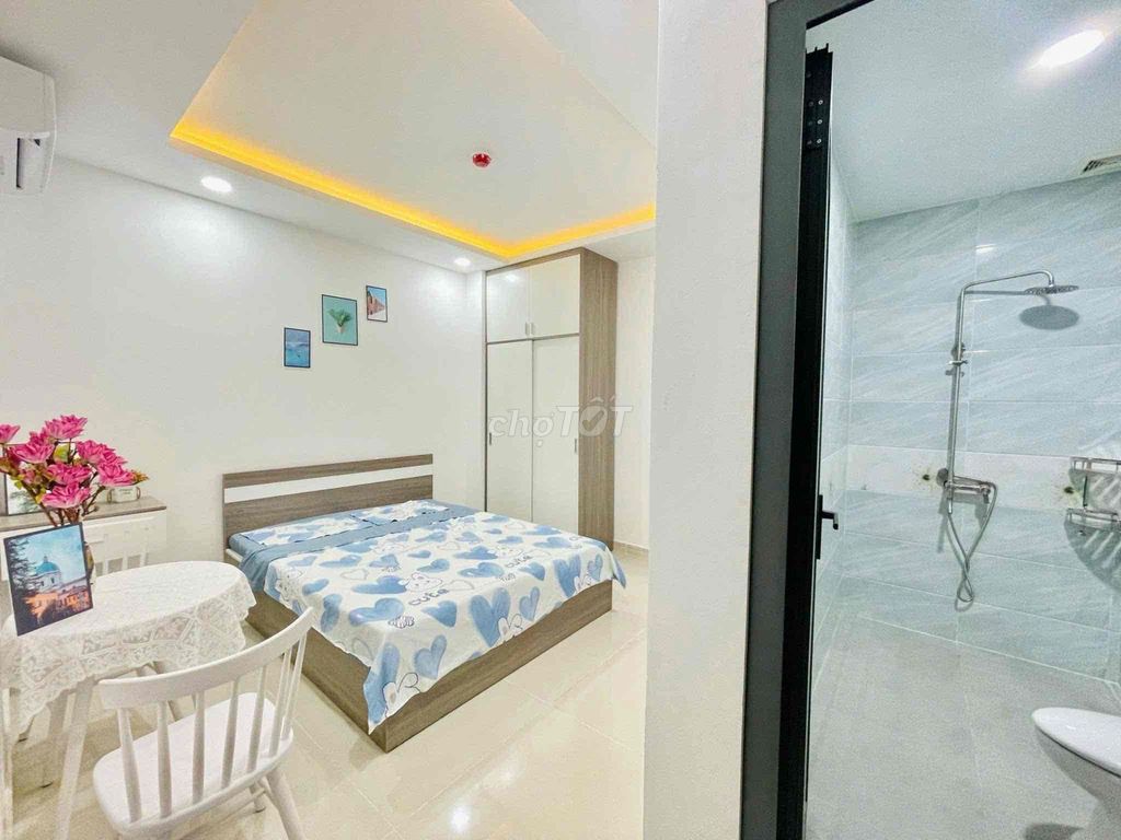 The studio apartment is full of furniture with a security elevator on the CV.