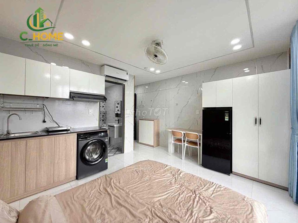 High-level service apartment full interior of the big balcony washing machine near the charity college
