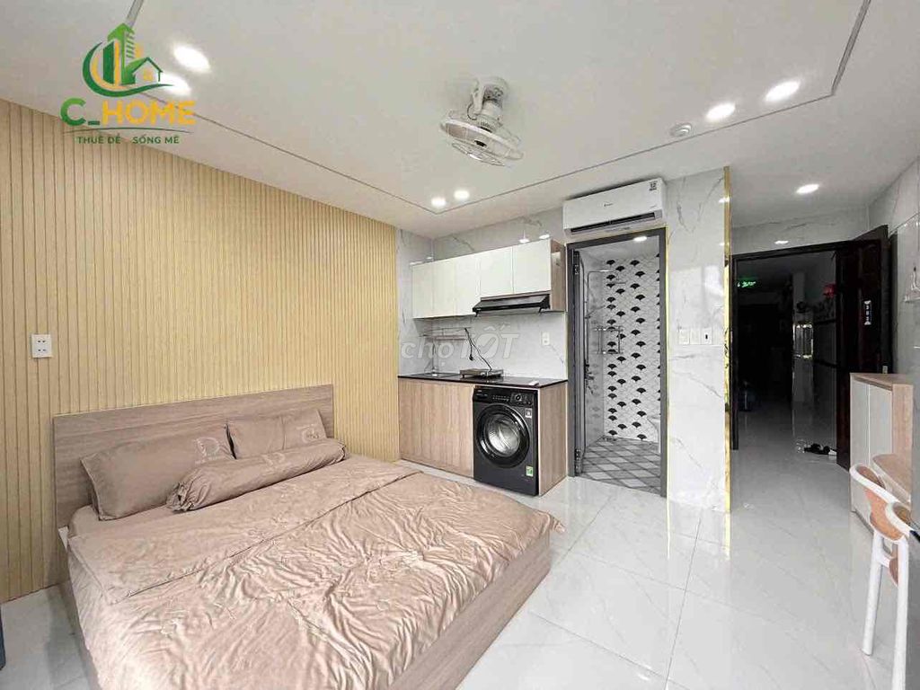 High-level service apartment full interior of the big balcony washing machine near the charity college