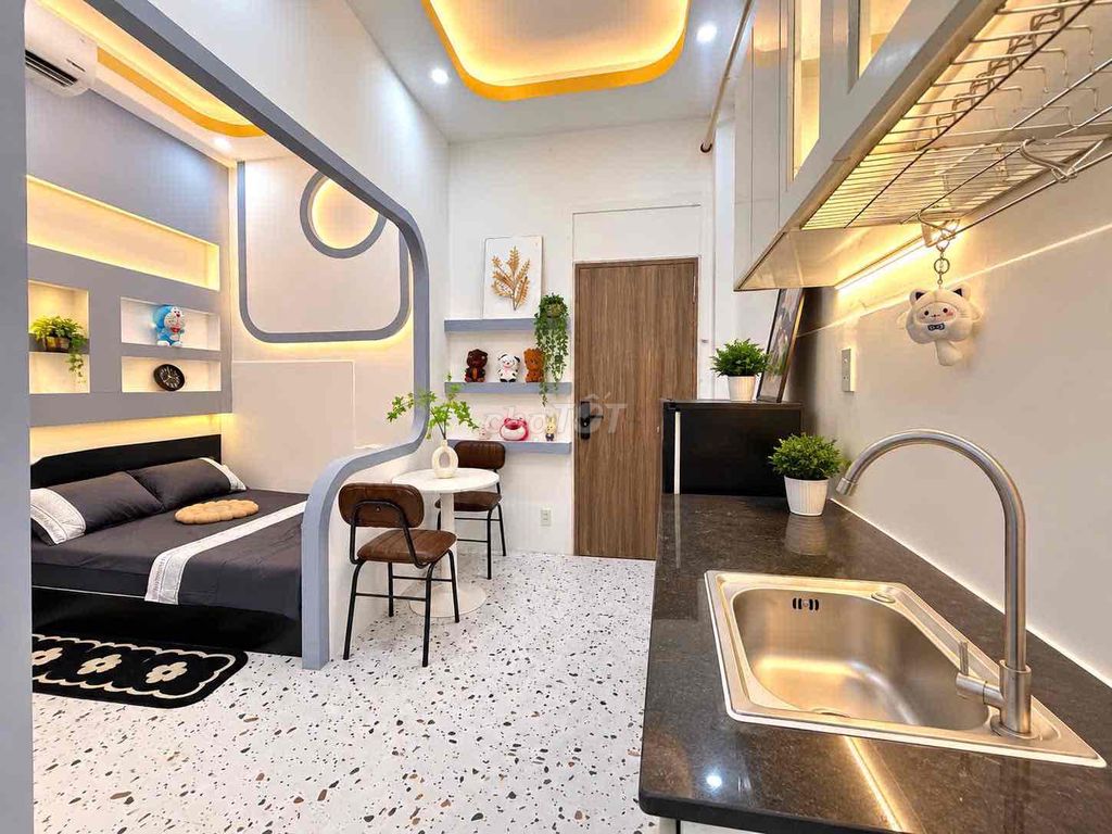 Rent a service apartment. A full interior bedroom.