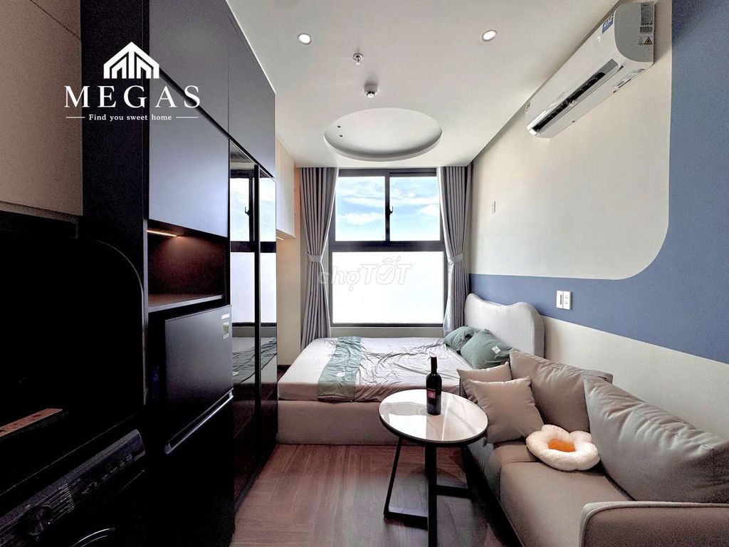 The studio apartment is 100 percent full of furniture at the point of the Republic.