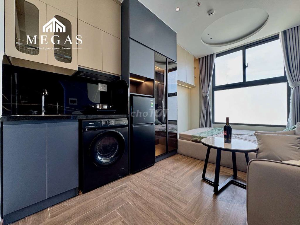 The studio apartment is 100 percent full of furniture at the point of the Republic.