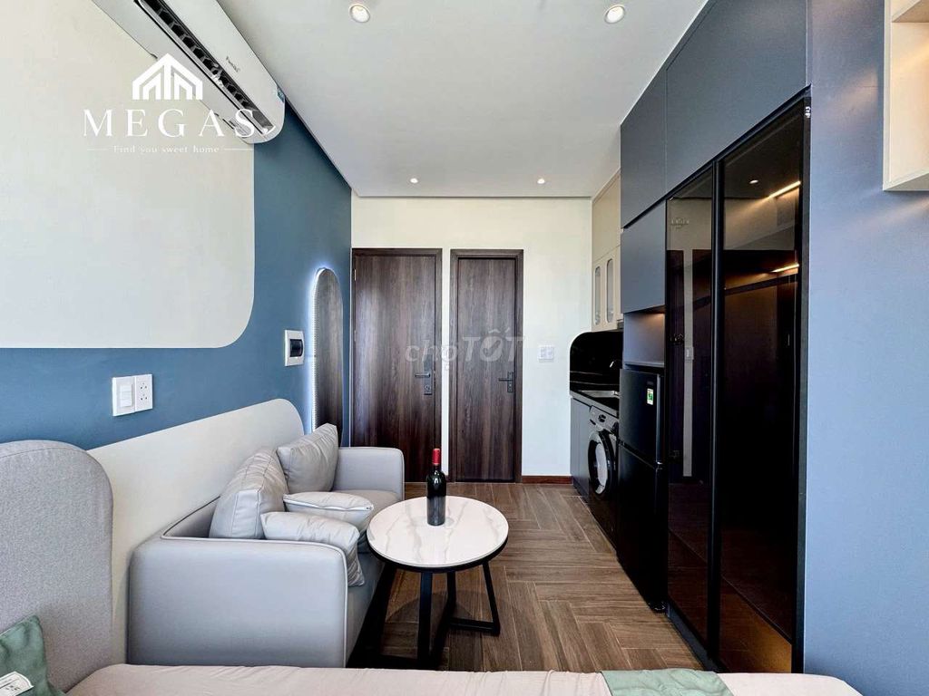 The studio apartment is 100 percent full of furniture at the point of the Republic.