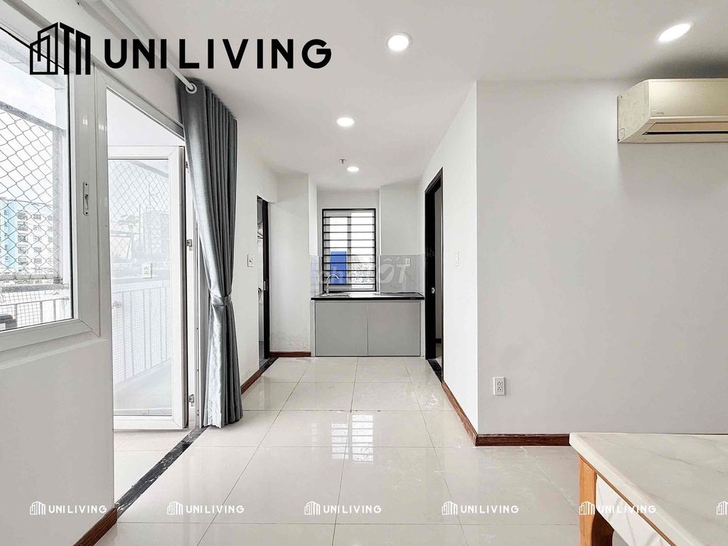 The new service apartment is an elevator. One bedroom. A balcony.