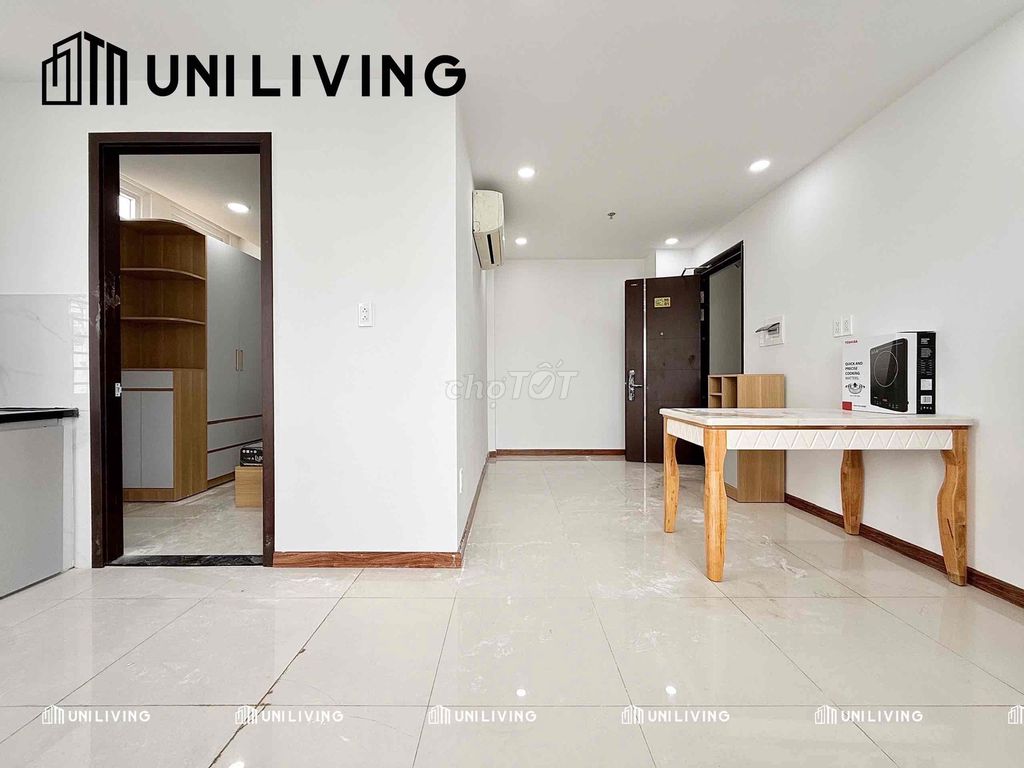 The new service apartment is an elevator. One bedroom. A balcony.