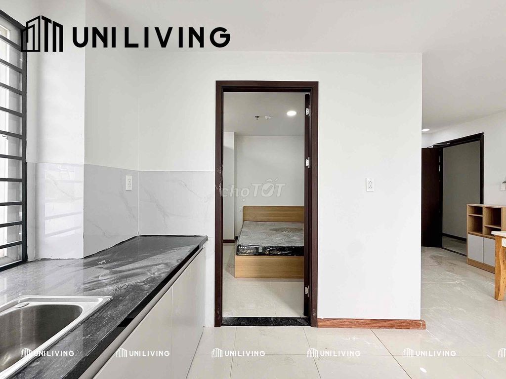 The new service apartment is an elevator. One bedroom. A balcony.