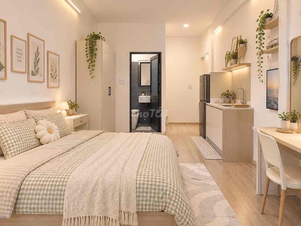 On the beach, the new apartment, a new bedroom with a machine-full interior window.