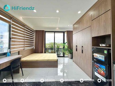 The studio apartment is full of furniture -- the nice, clear view balcony.