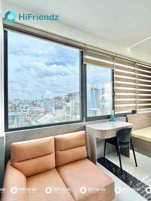 The studio apartment is full of furniture -- the nice, clear view balcony.