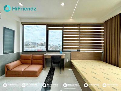 The studio apartment is full of furniture -- the nice, clear view balcony.